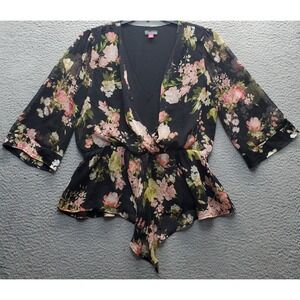 Vince Camuto‎ Kimono Top Women's M Multicolor Floral 3/4 Sleeve V-Neck Tie Waist